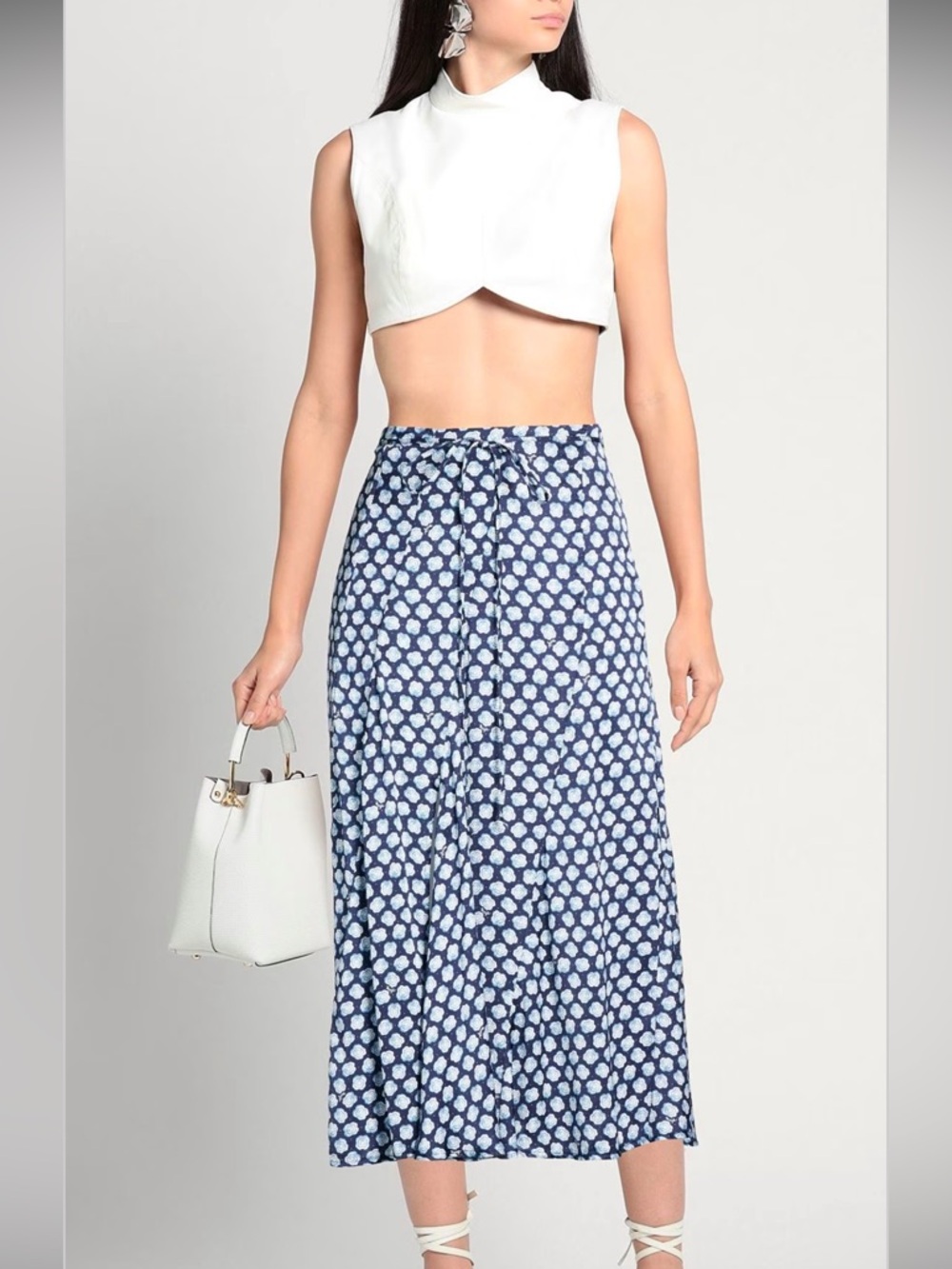 Maje Navy Printed Wrap Midi Skirt Tie Waist Flowy Boho Size 40 US M